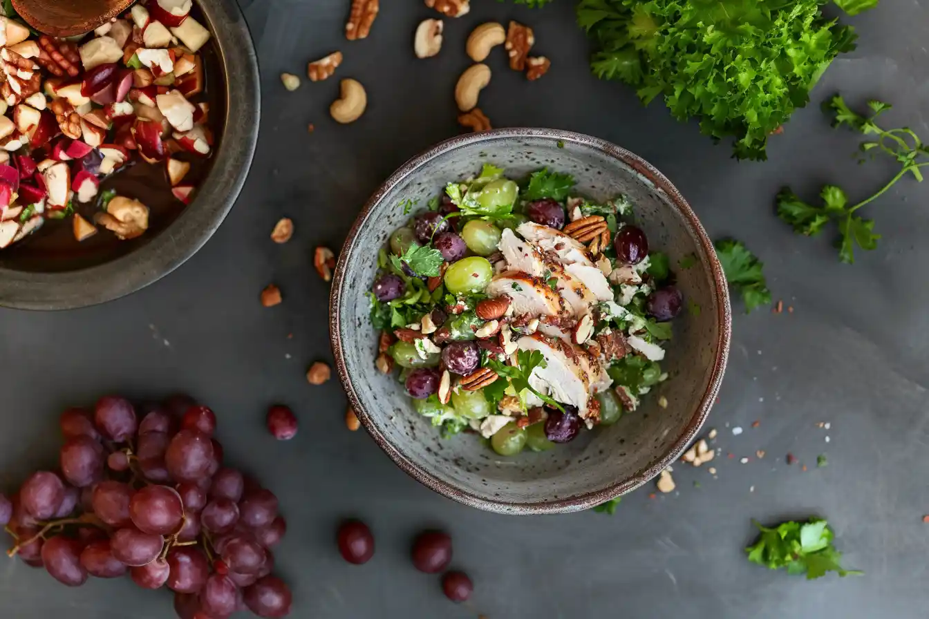 Why grapes in chicken salad? A top-down view of a chicken salad garnished with grapes and nuts, served in a rustic ceramic bowl.