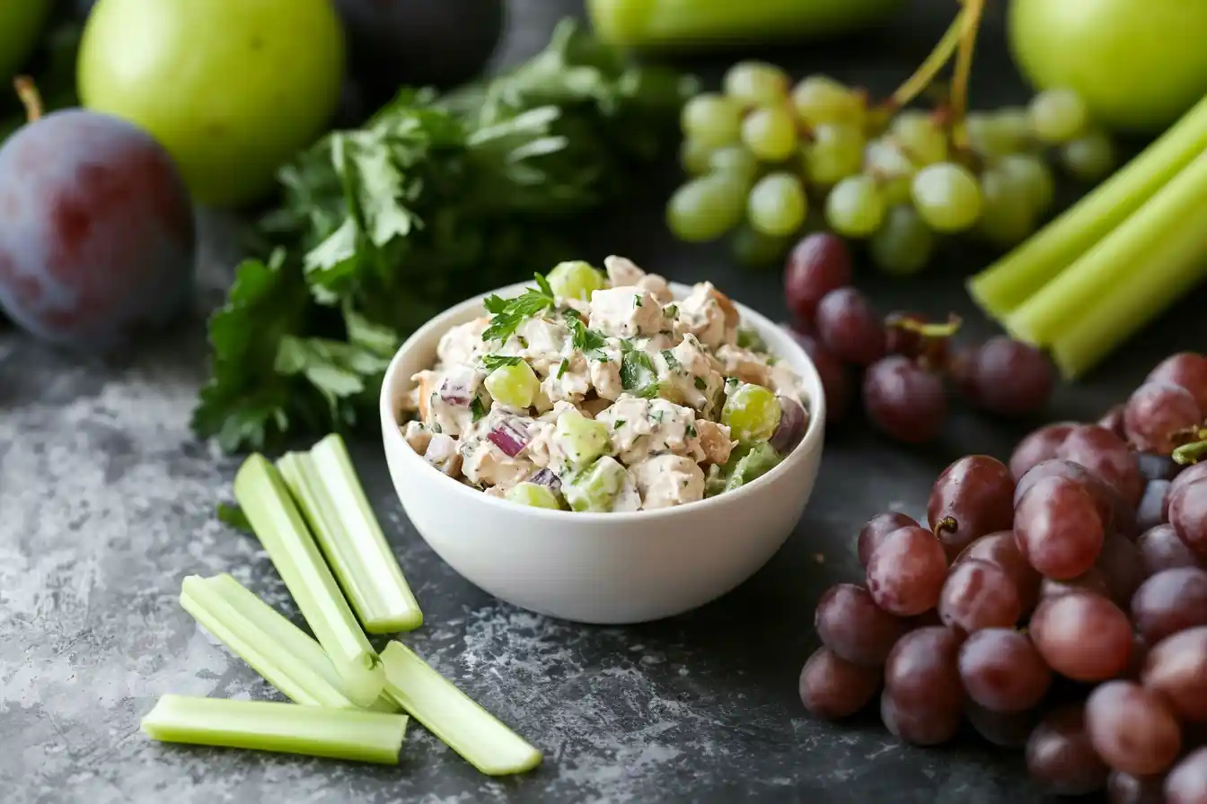 Chicken salad with grapes served in a stylish white bowl, surrounded by fresh herbs