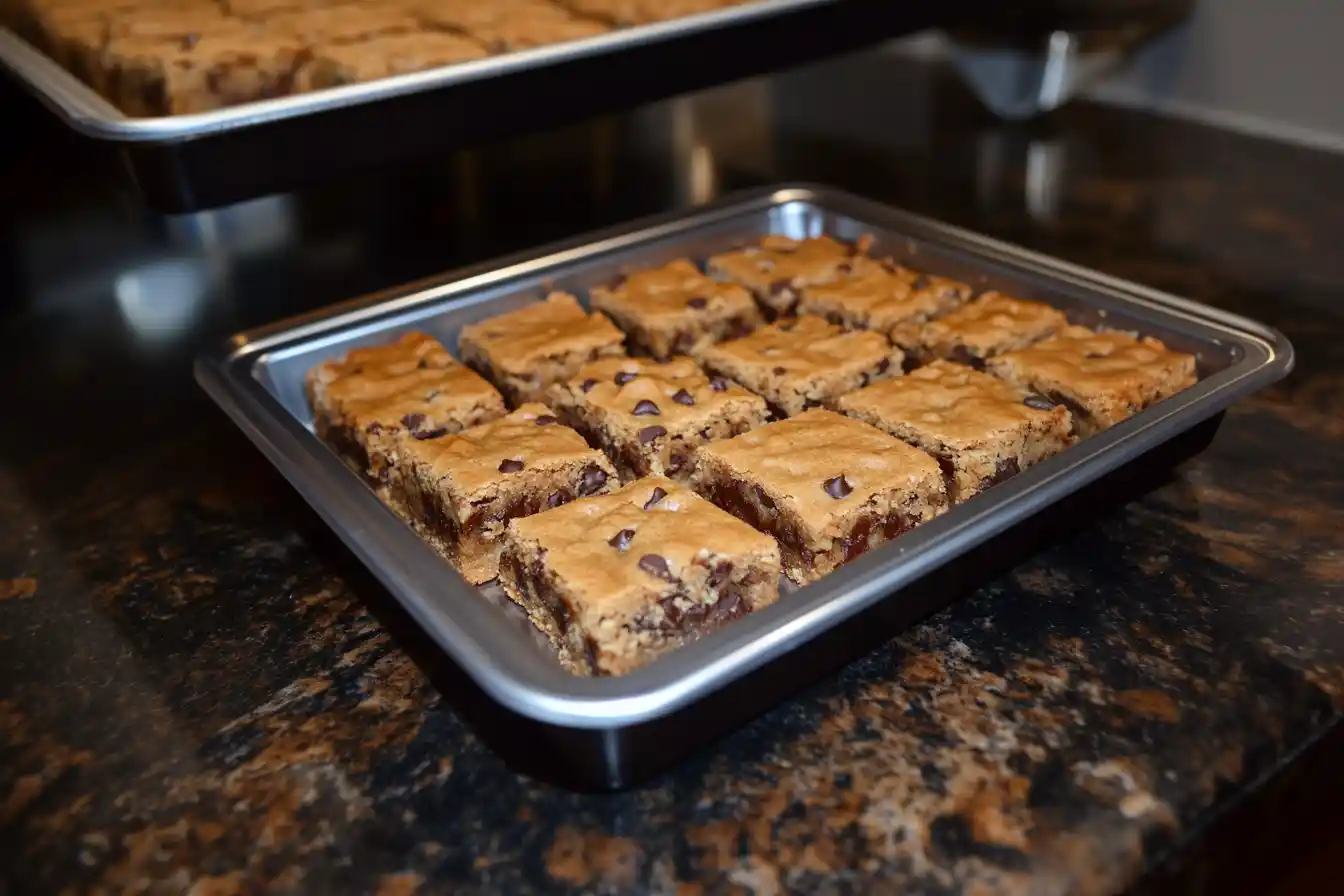 Chocolate chip cookie bars baked in a 9x13 pan with golden-brown edges and gooey chocolate chips