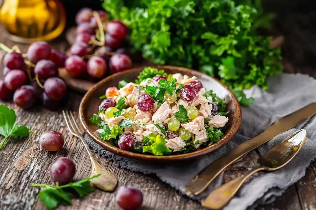 Chicken salad with fresh grapes served in a white bowl on a rustic wooden table.