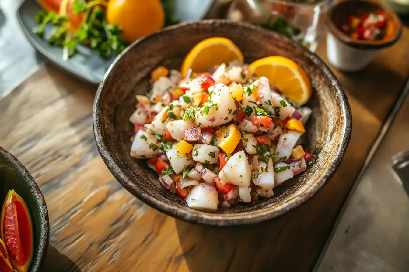 Conch salad with citrus dressing and colorful vegetables served in a tropical setting