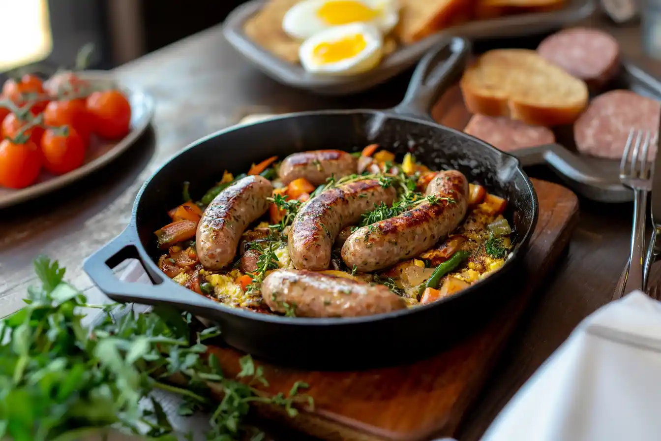 Focus keyword included in a concise description. Example: Cooking sausages and eggs in one pan with fresh herbs.