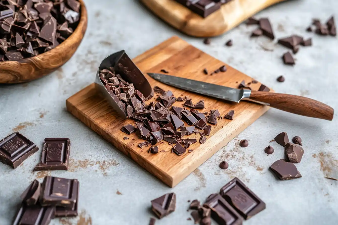 Cutting chocolate for chocolate chip cookies with a knife on a stable cutting board.