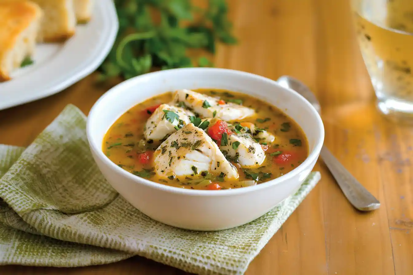 A steaming bowl of classic fish soup with fresh vegetables, herbs, and spices, placed on a rustic wooden table.