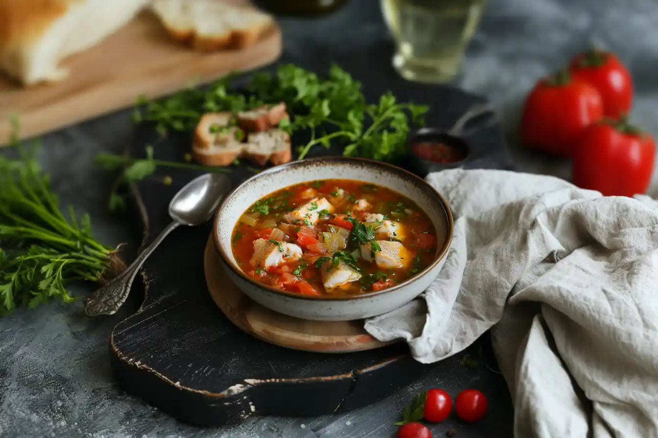 A close-up of a bowl of hearty fish soup with salmon, carrots, celery, and fresh herbs, showcasing the nutritional benefits of fish soup.