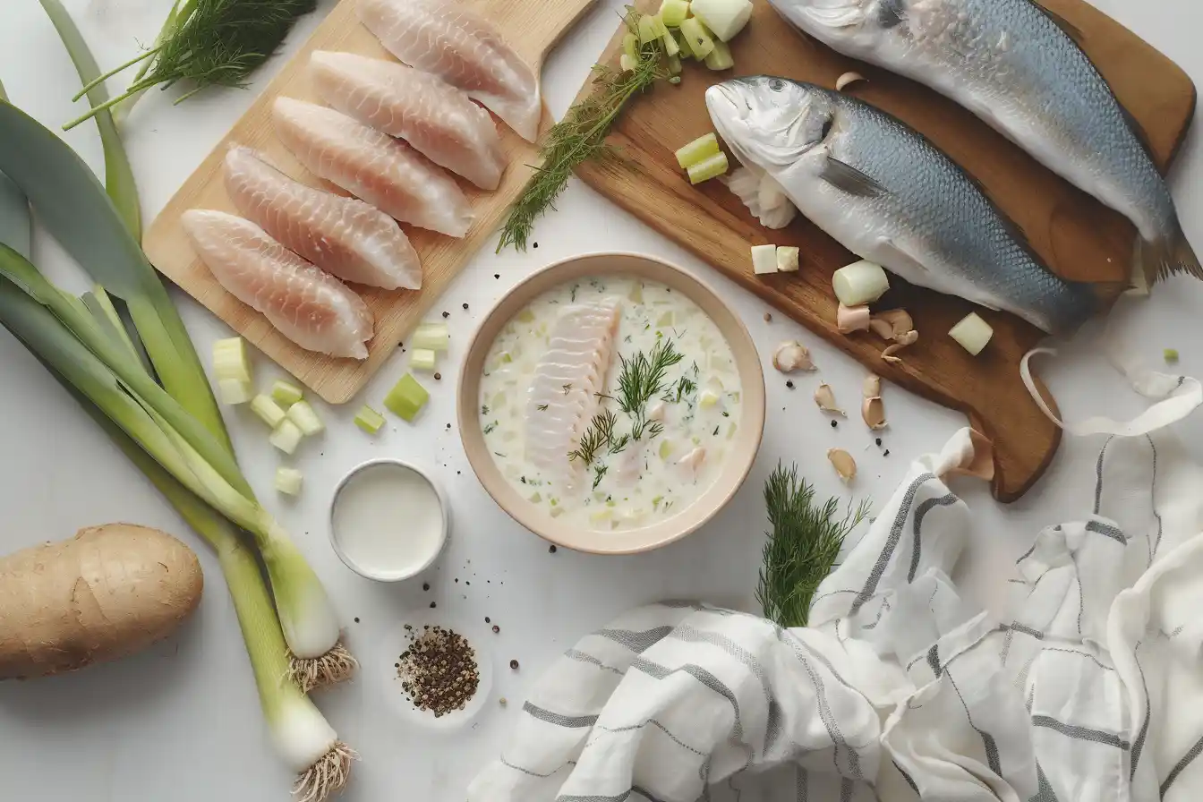 White fish soup with creamy consistency created by proteins and fats during cooking