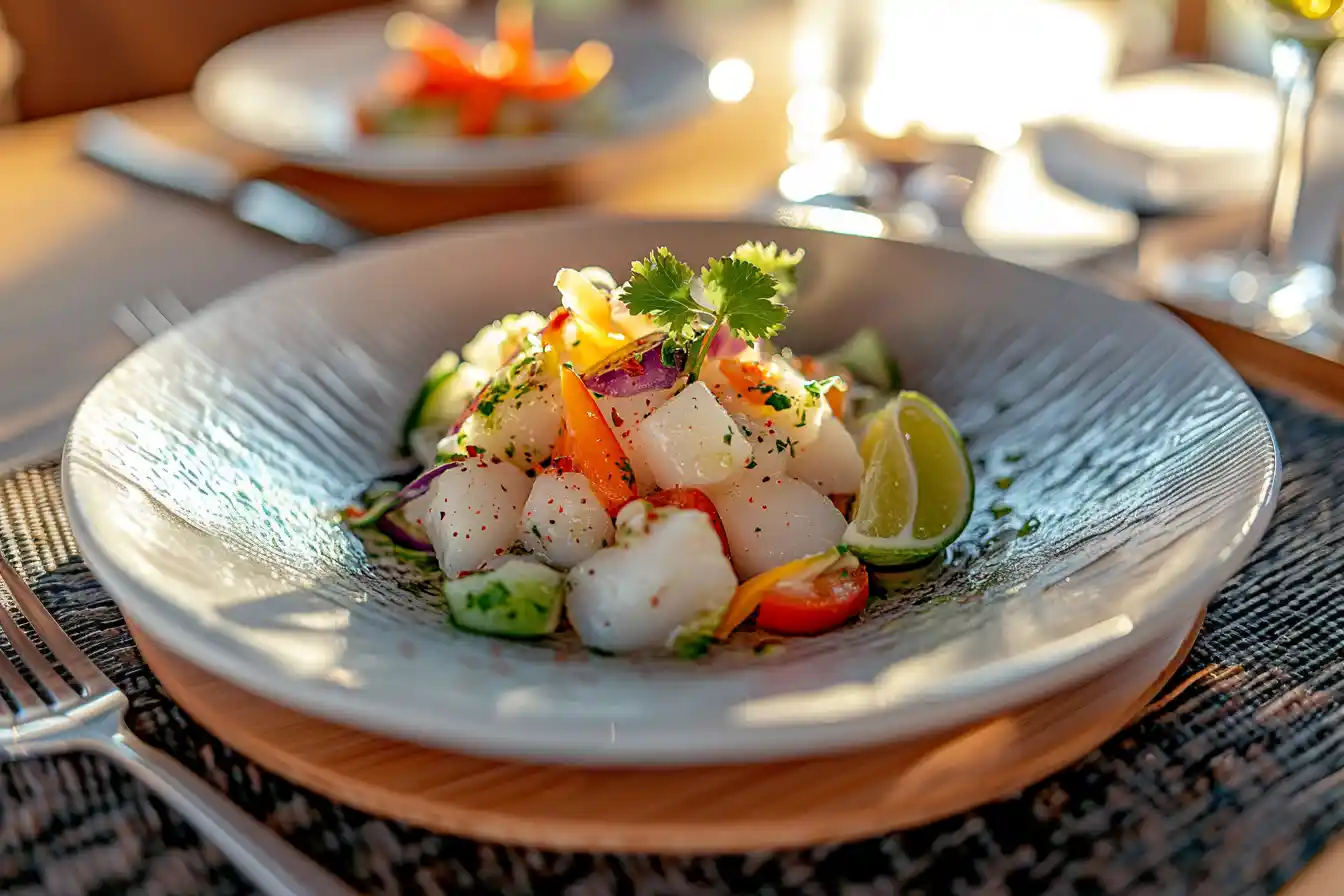Freshly prepared conch salad with vibrant vegetables and lime