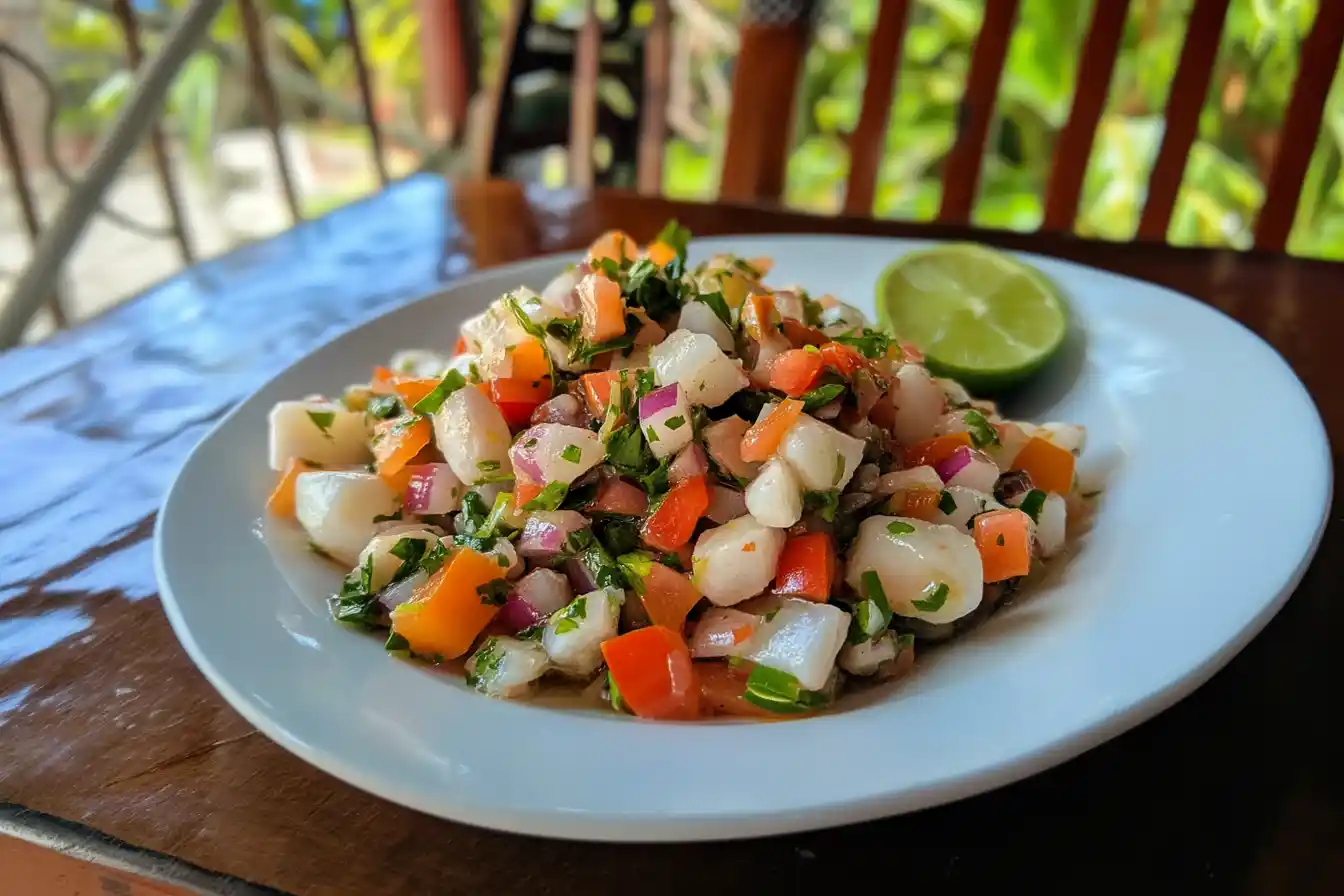 Close-up of conch salad with fresh vegetables and lime in a Caribbean-style presentation