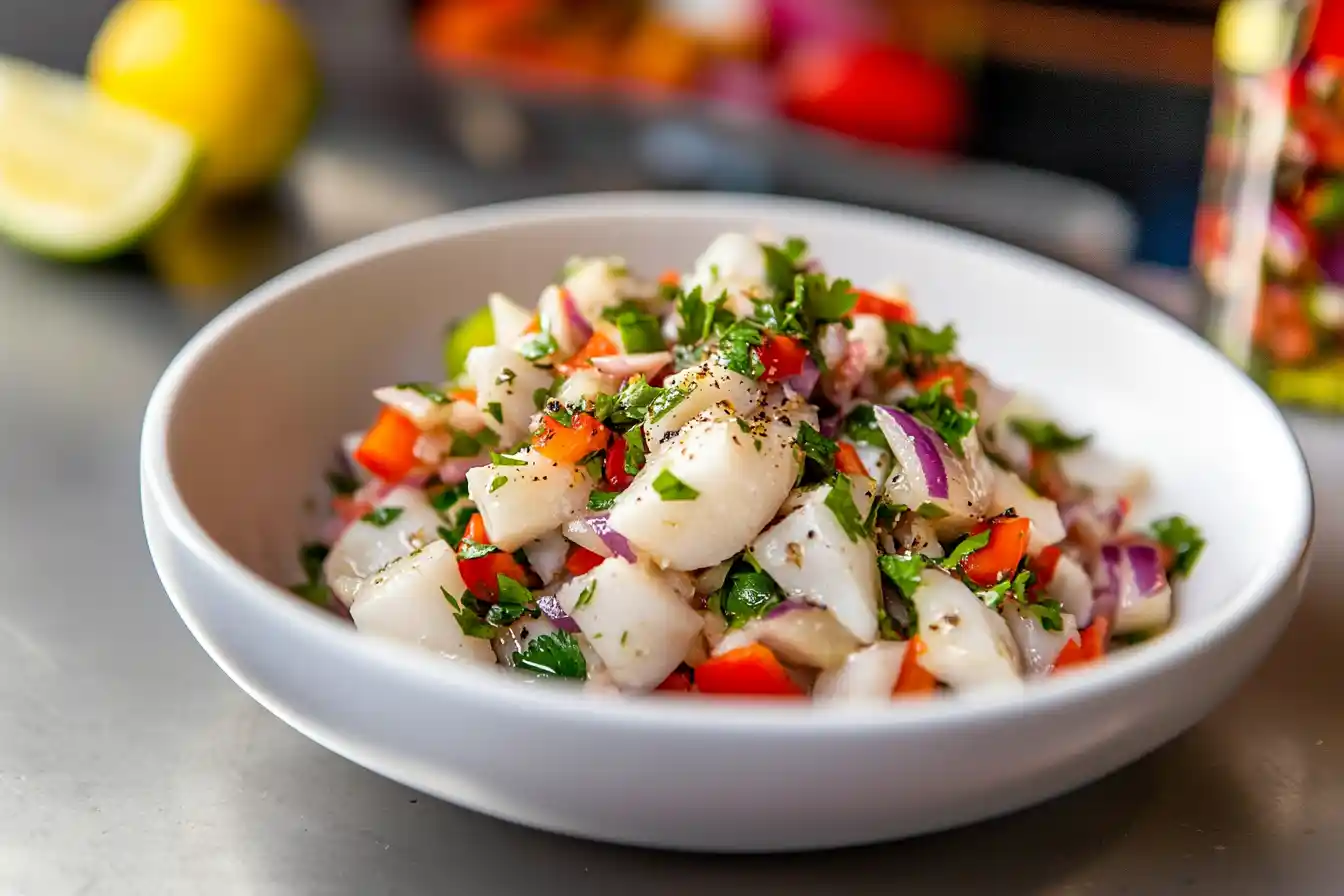Fresh conch salad served with citrus fruits, a healthy seafood dish