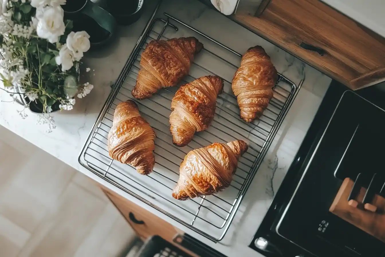 Golden croissants fresh out of the oven, showcasing flaky layers