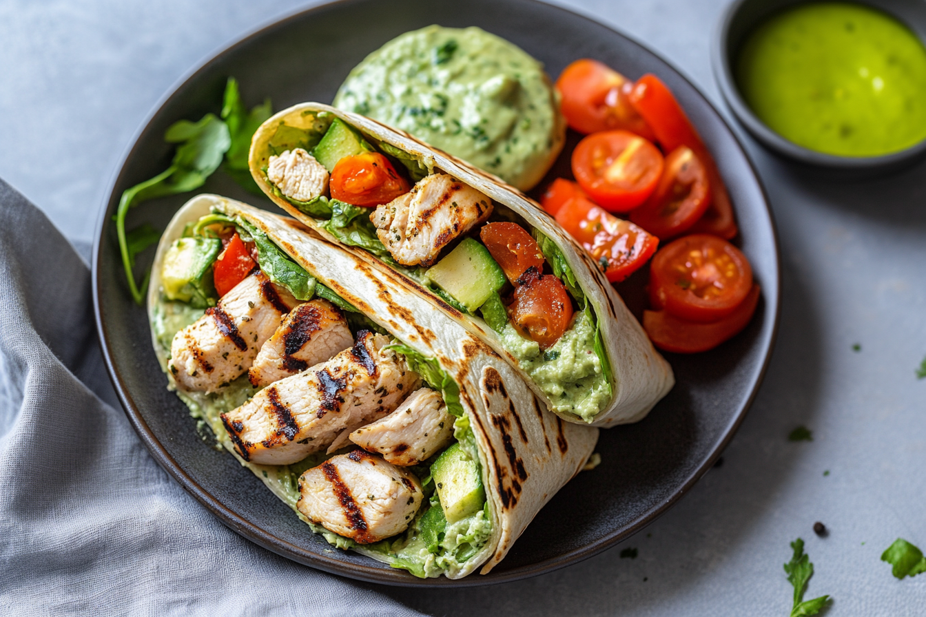 Healthy grilled chicken wrap with vegetables and whole-grain tortilla on a wooden plate.