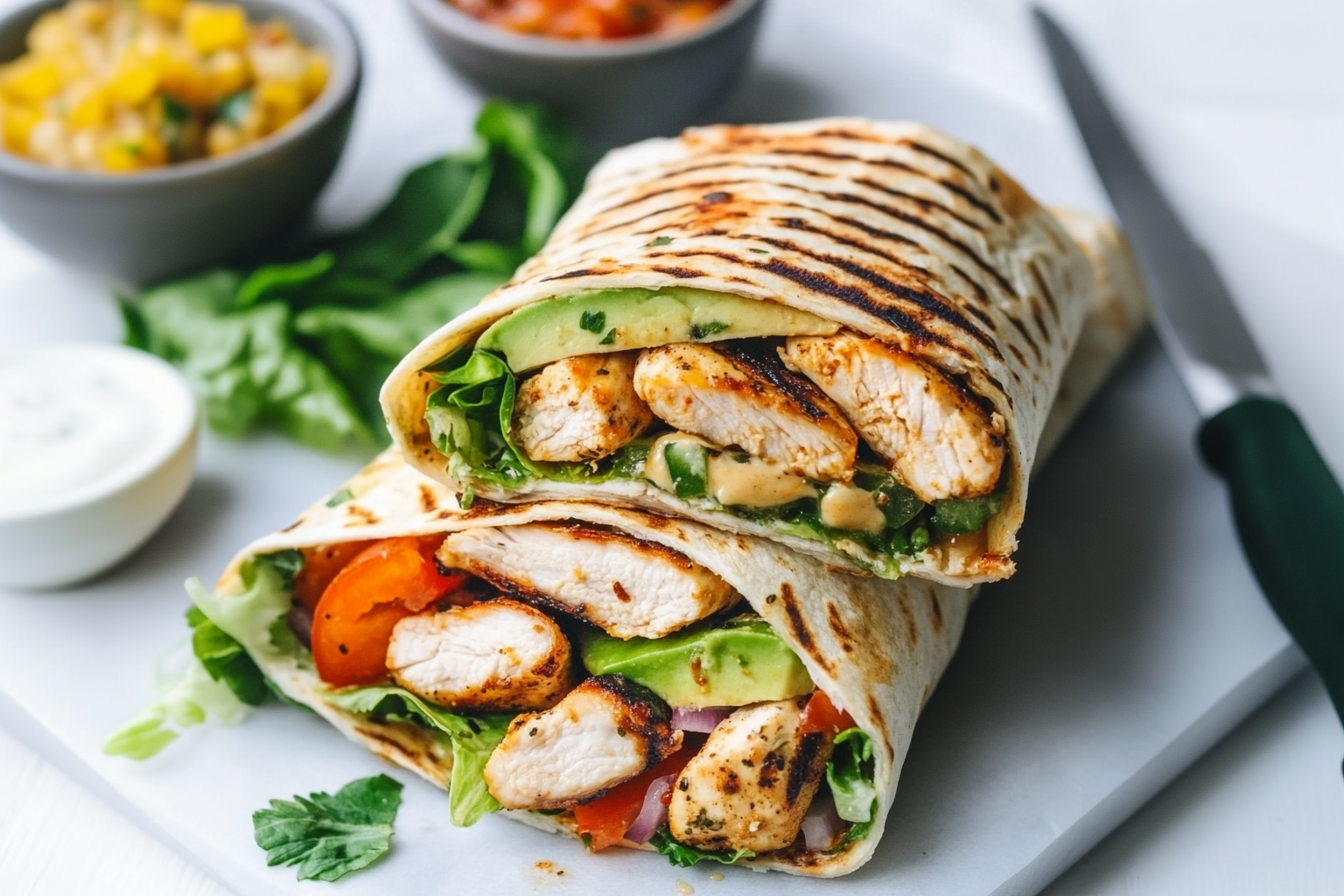 Healthy grilled chicken wrap on a plate with fresh veggies