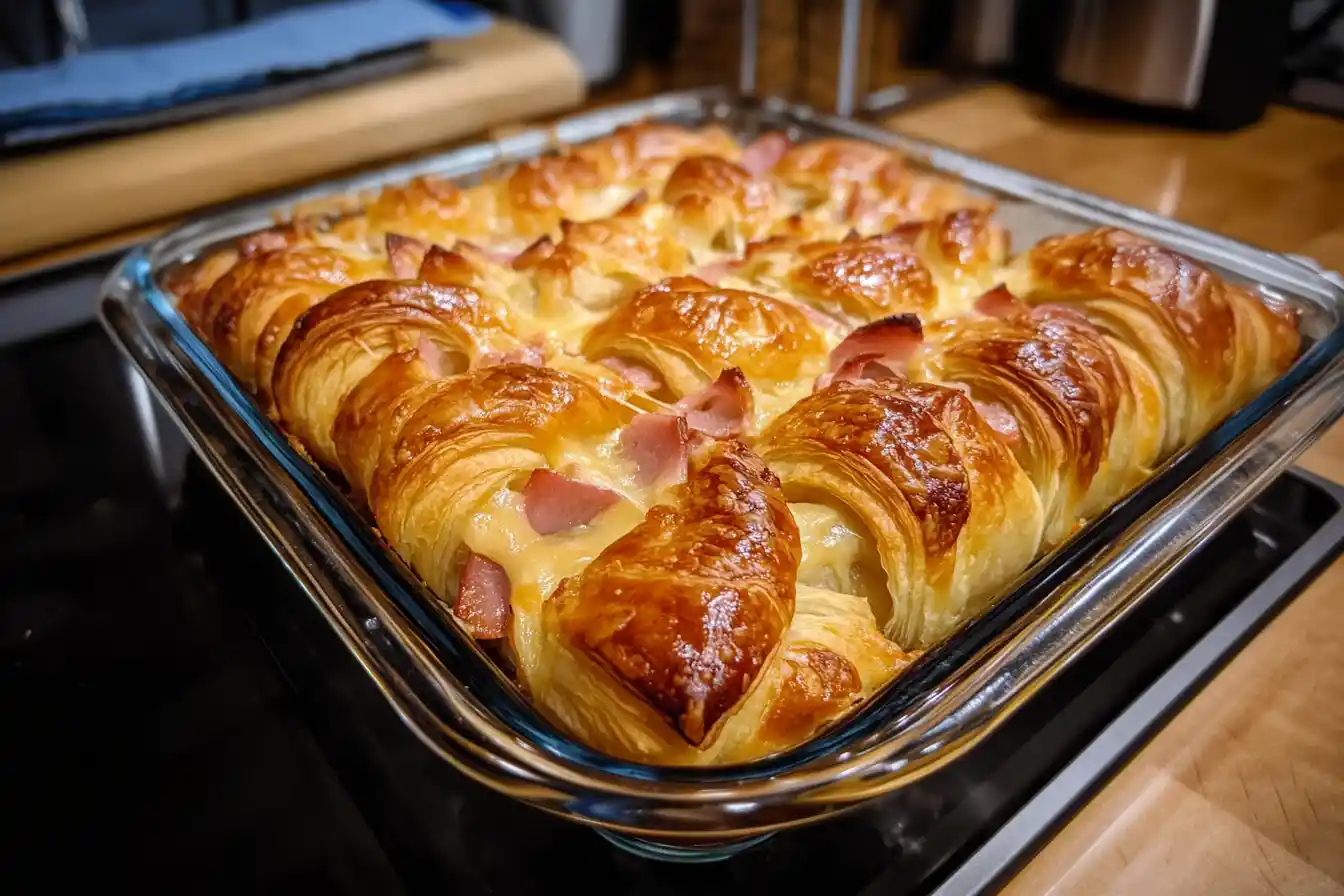 Ham and Cheese Croissant Bake with golden crust, melted cheese, and savory ham.