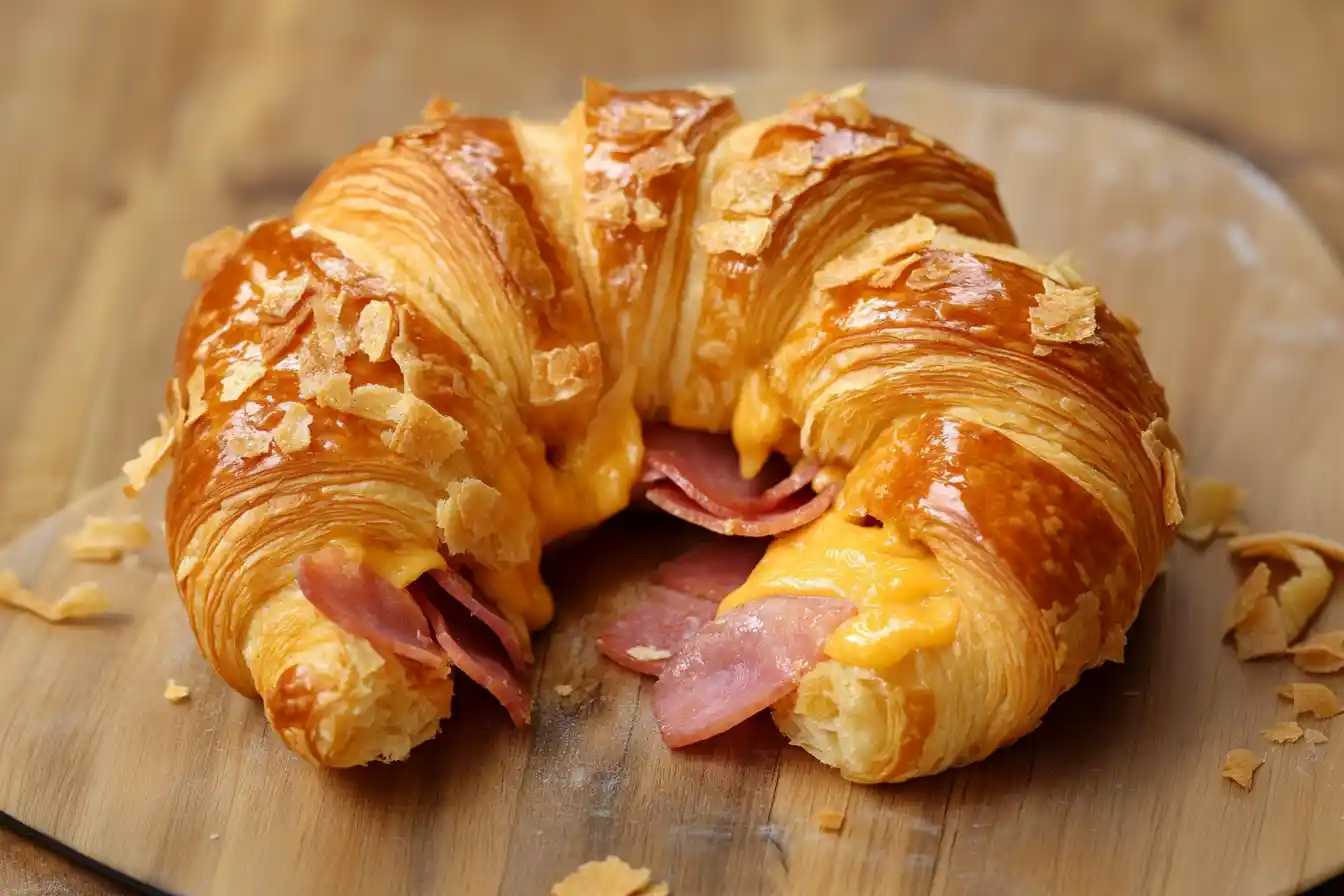 A ham and cheese croissant with golden, flaky layers and savory filling.
