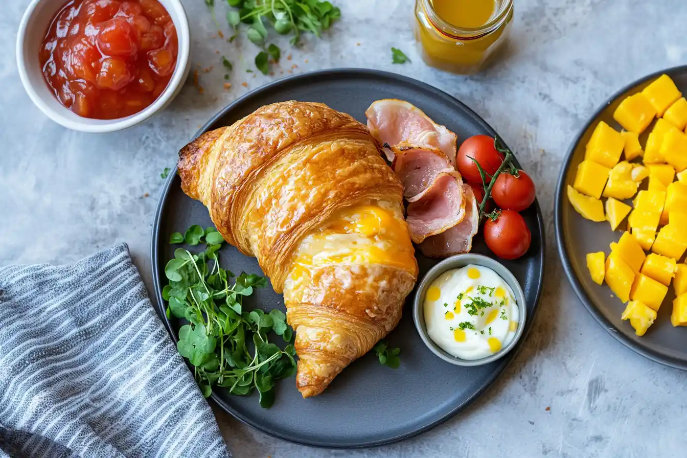 Ham and cheese croissants with sides for breakfast or brunch