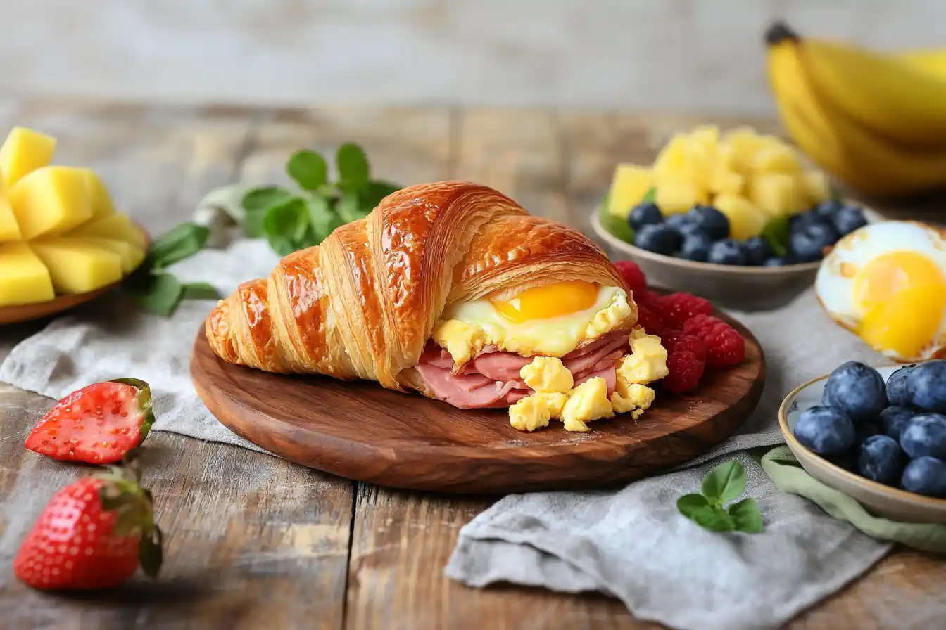 Healthy ham, egg, and cheese croissant served with a salad