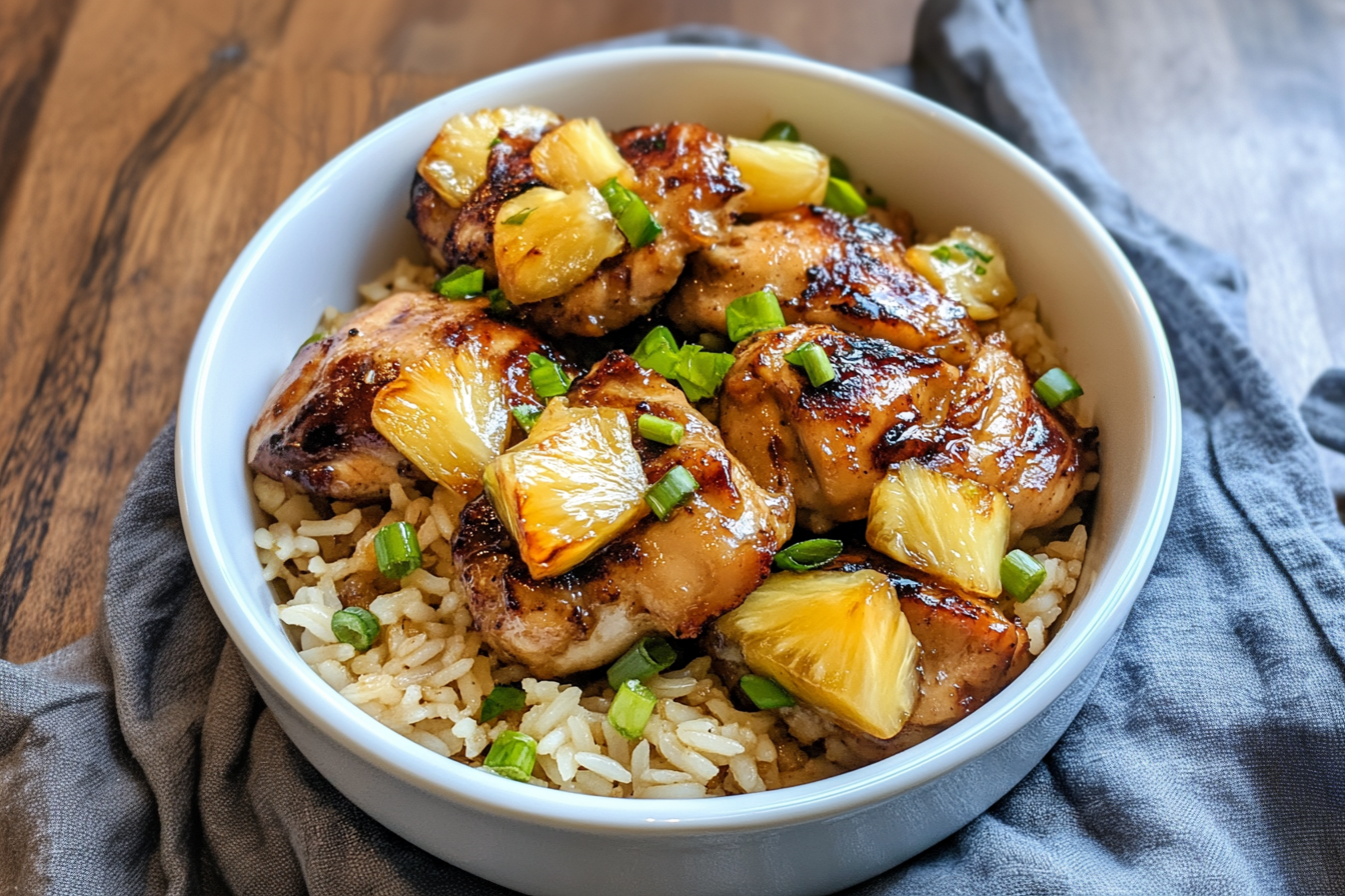 A bowl of Pineapple Chicken and Rice garnished with fresh herbs.