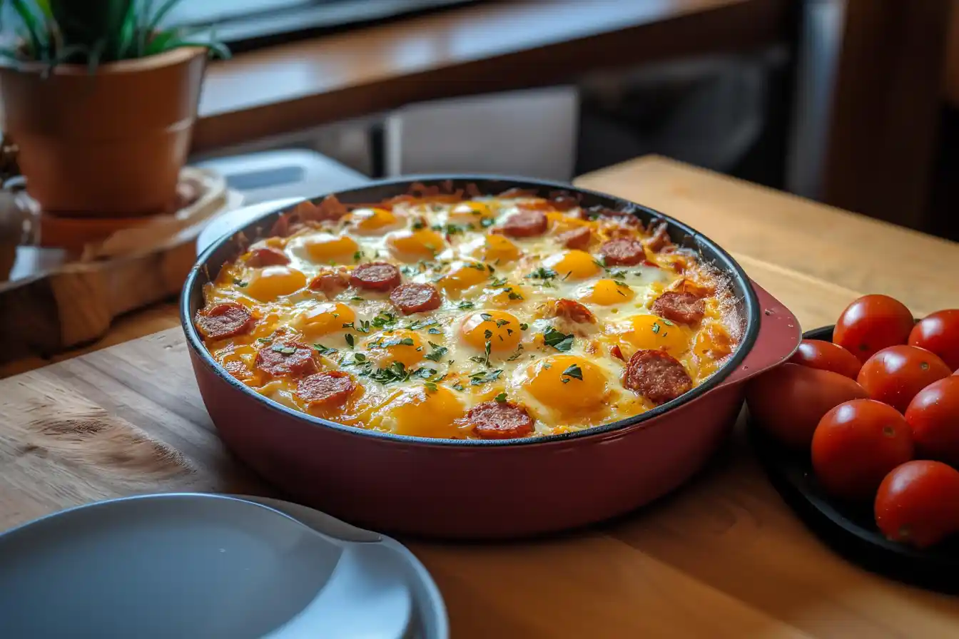 Bread-free sausage and egg casserole in a baking dish garnished with herbs.