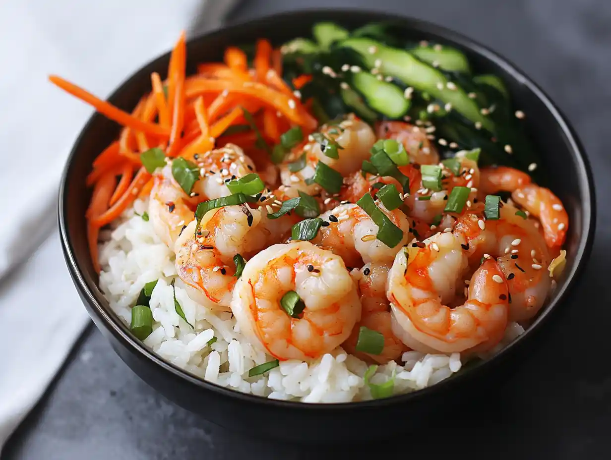 Overhead shot of a shrimp and rice bowl served with vegetables and herbs.