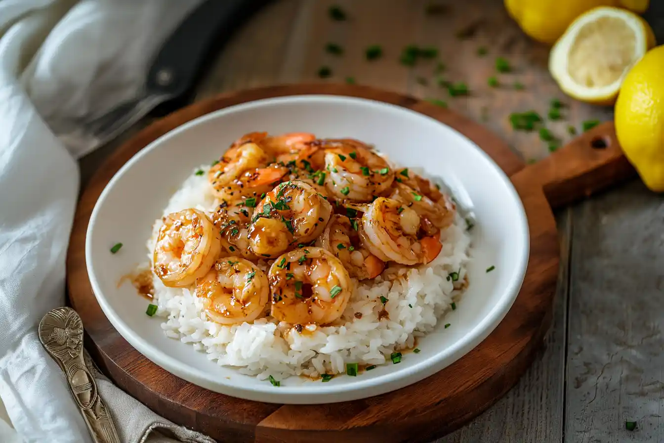 Delicious shrimp stir-fry served with white rice and vegetables.