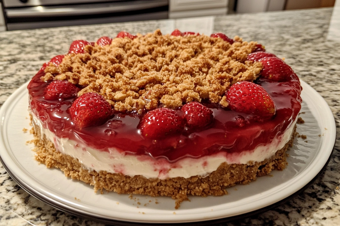 A delicious homemade Strawberry Crunch Cheesecake with a vibrant topping.