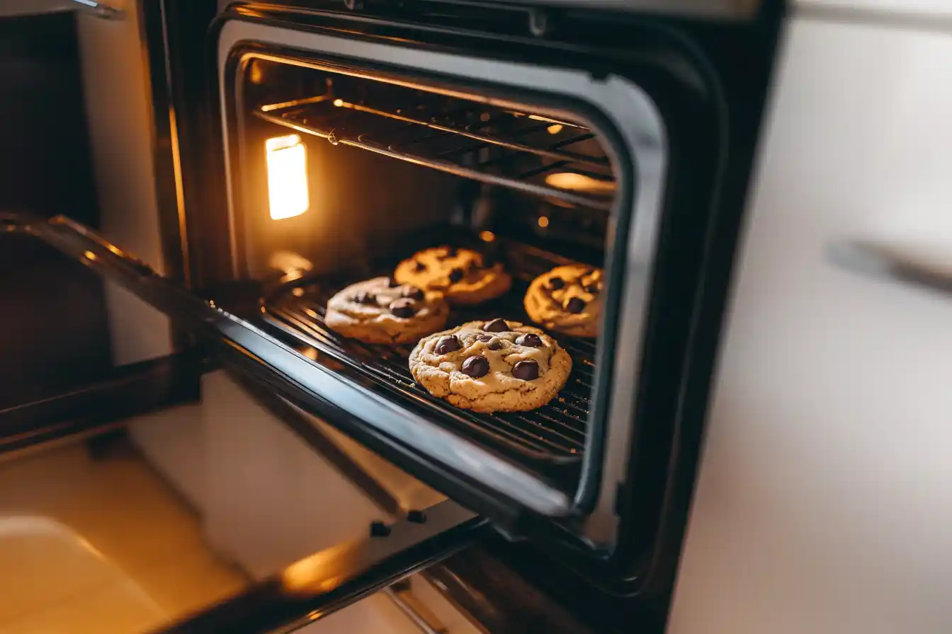 Toll House cookie dough baking to golden perfection in the oven