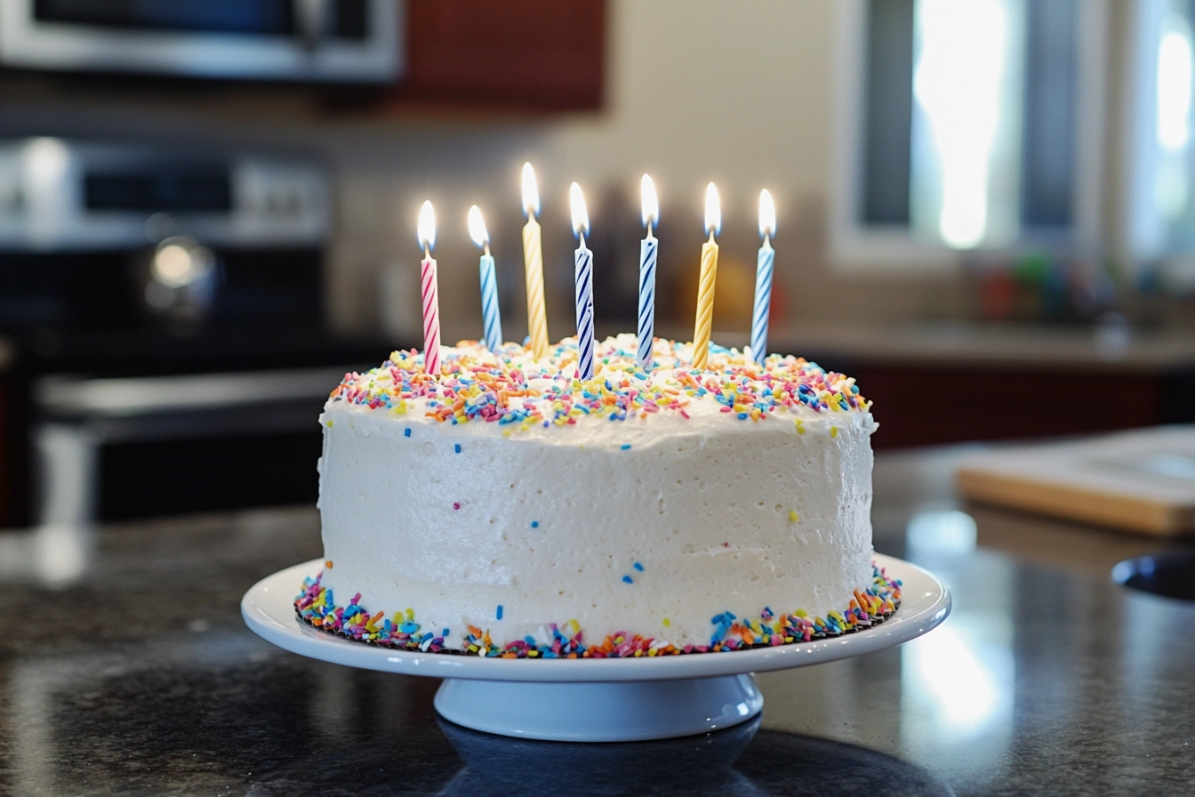 A detailed view of a delicious cake-flavored shot with frosting and sprinkles.