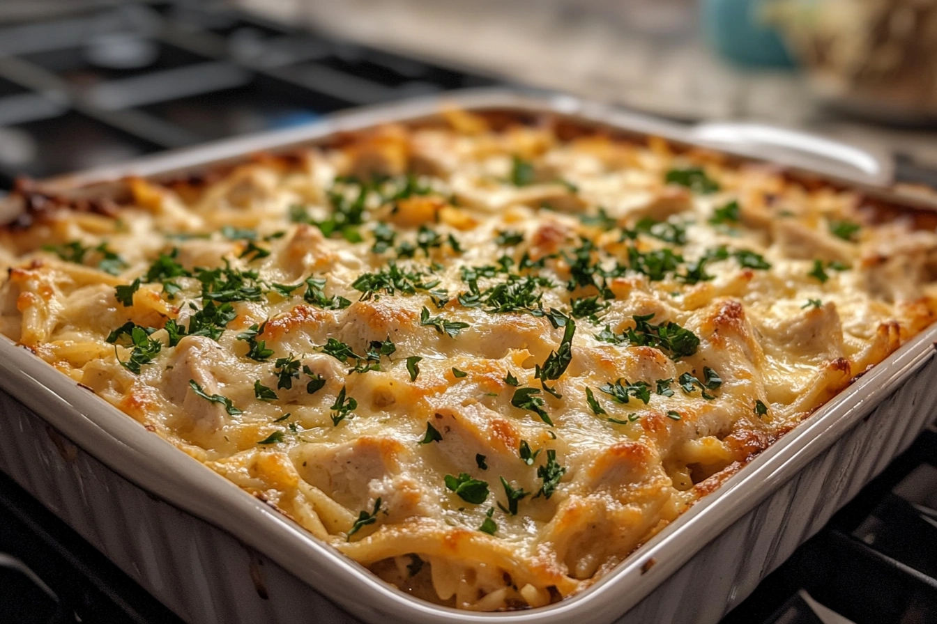 Easy chicken tetrazzini recipe served in a baking dish, ready to be enjoyed