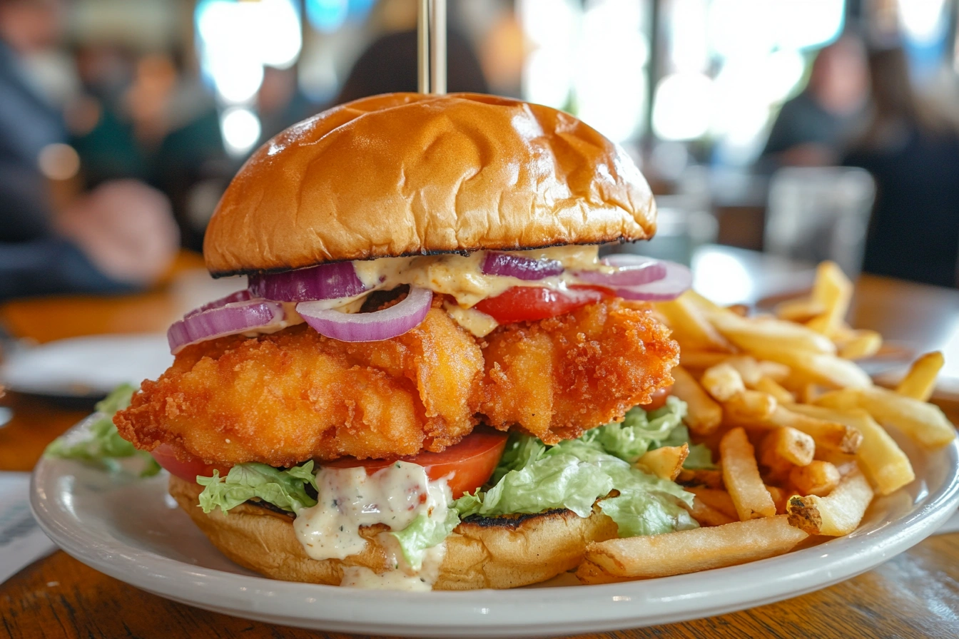 Delicious fish burger on a sesame seed bun.