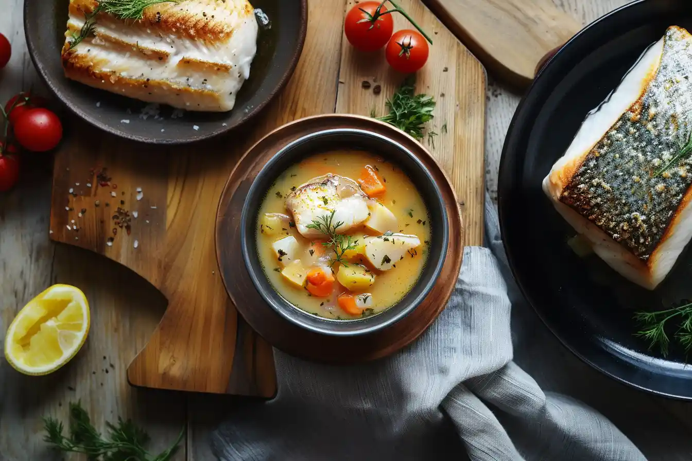 Fish soup served with fresh herbs, vegetables, and seafood in a rustic bowl.