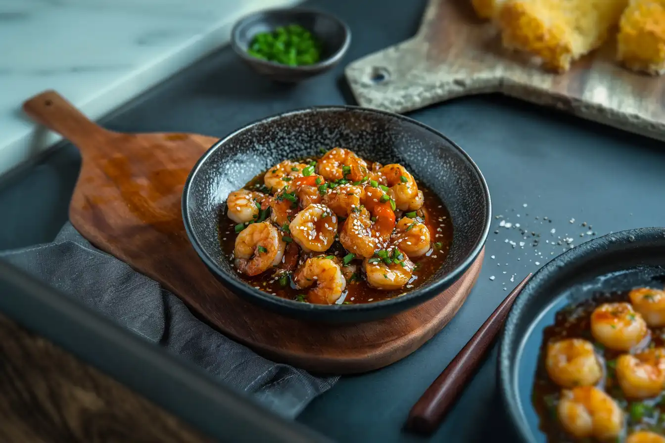 A freshly prepared shrimp dish with lemon slices and parsley garnish, highlighting compatible pairings for shrimp.