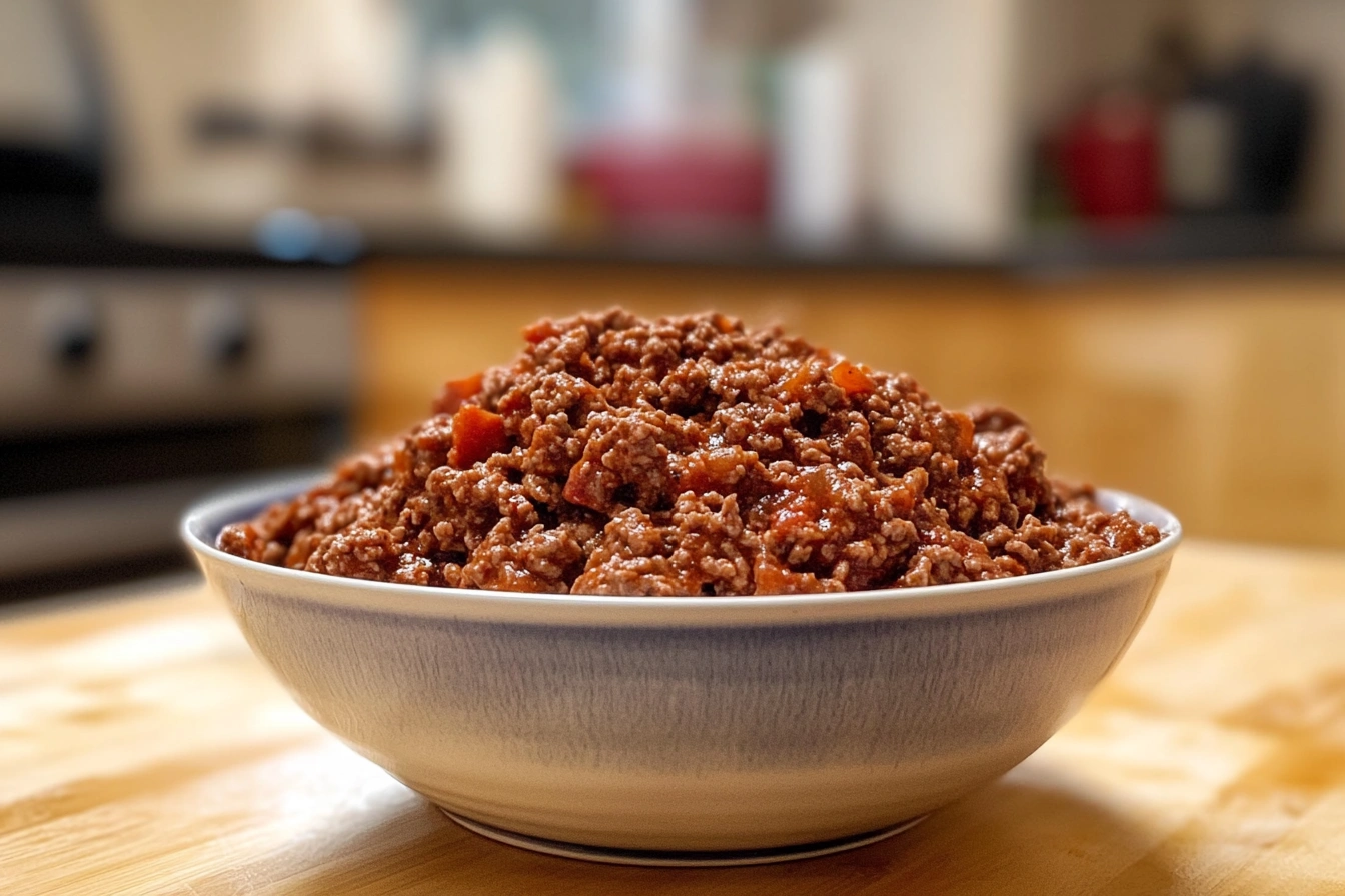 Raw mince in a slow cooker, ready to be cooked.