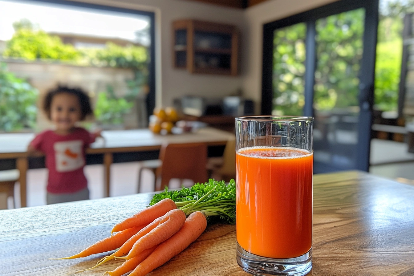 How many carrots make a glass of juice? Carrots being juiced with vibrant orange juice flowing into a glass.