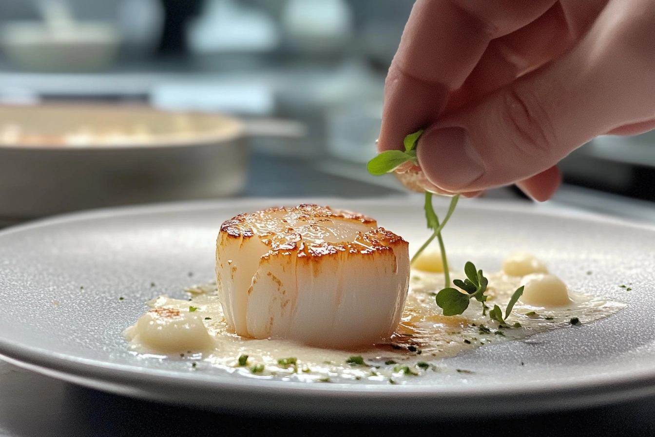 A plate of delicious scallops perfectly pan-seared.