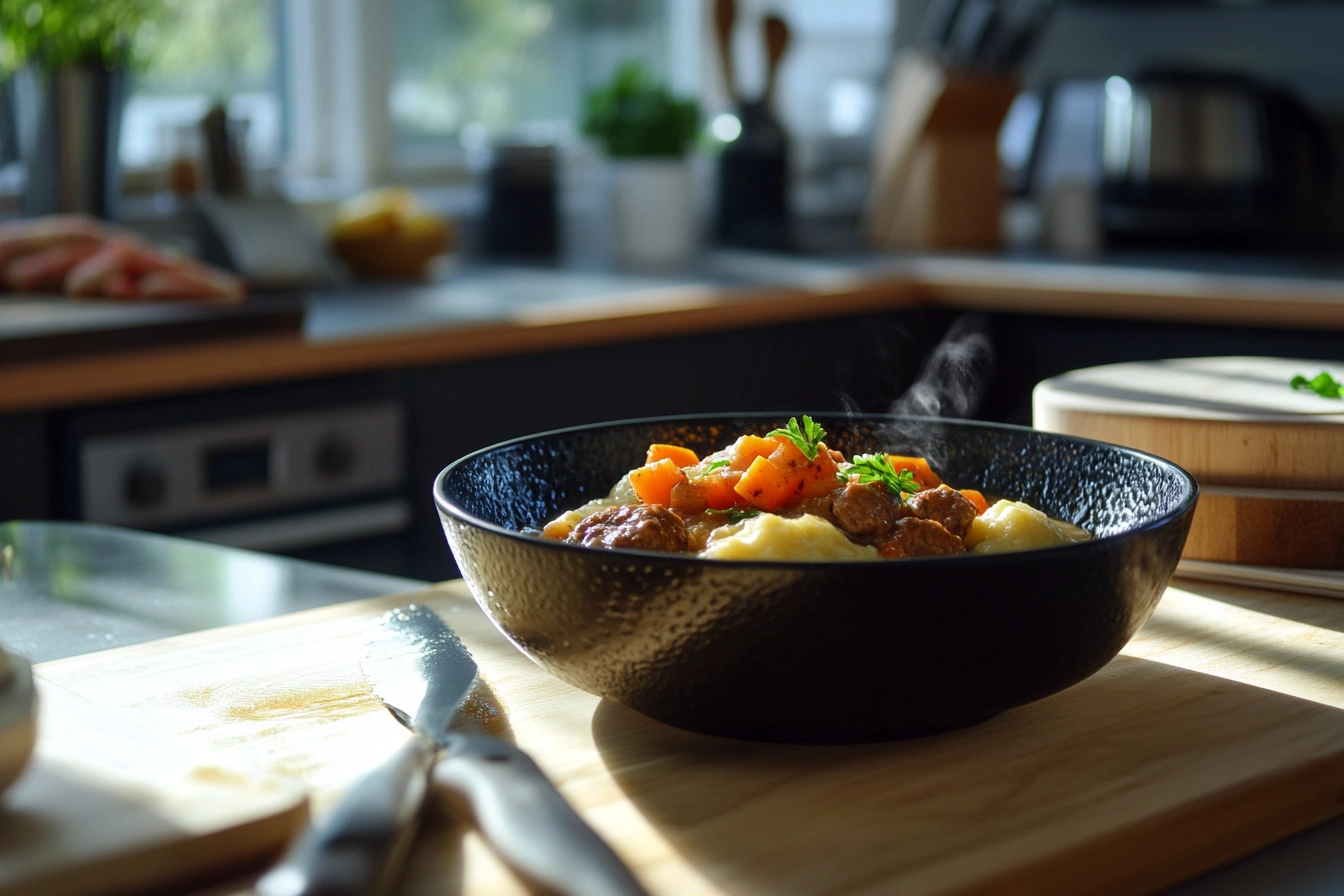Stew dumplings, golden and fluffy, simmering in a pot.