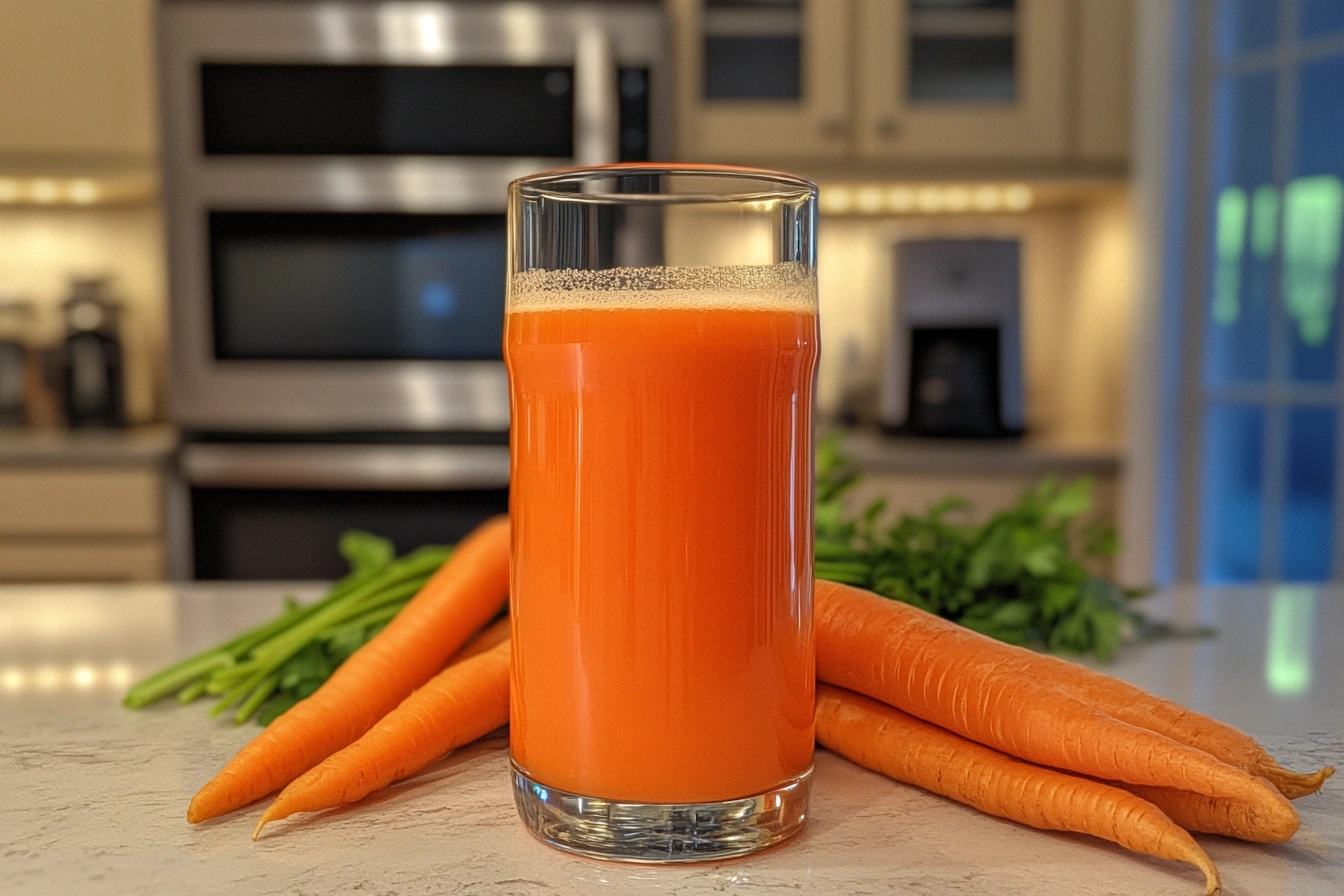 Fresh glass of carrot juice on a wooden table with whole carrots, highlighting the question: is it ok to drink carrot juice everyday.
