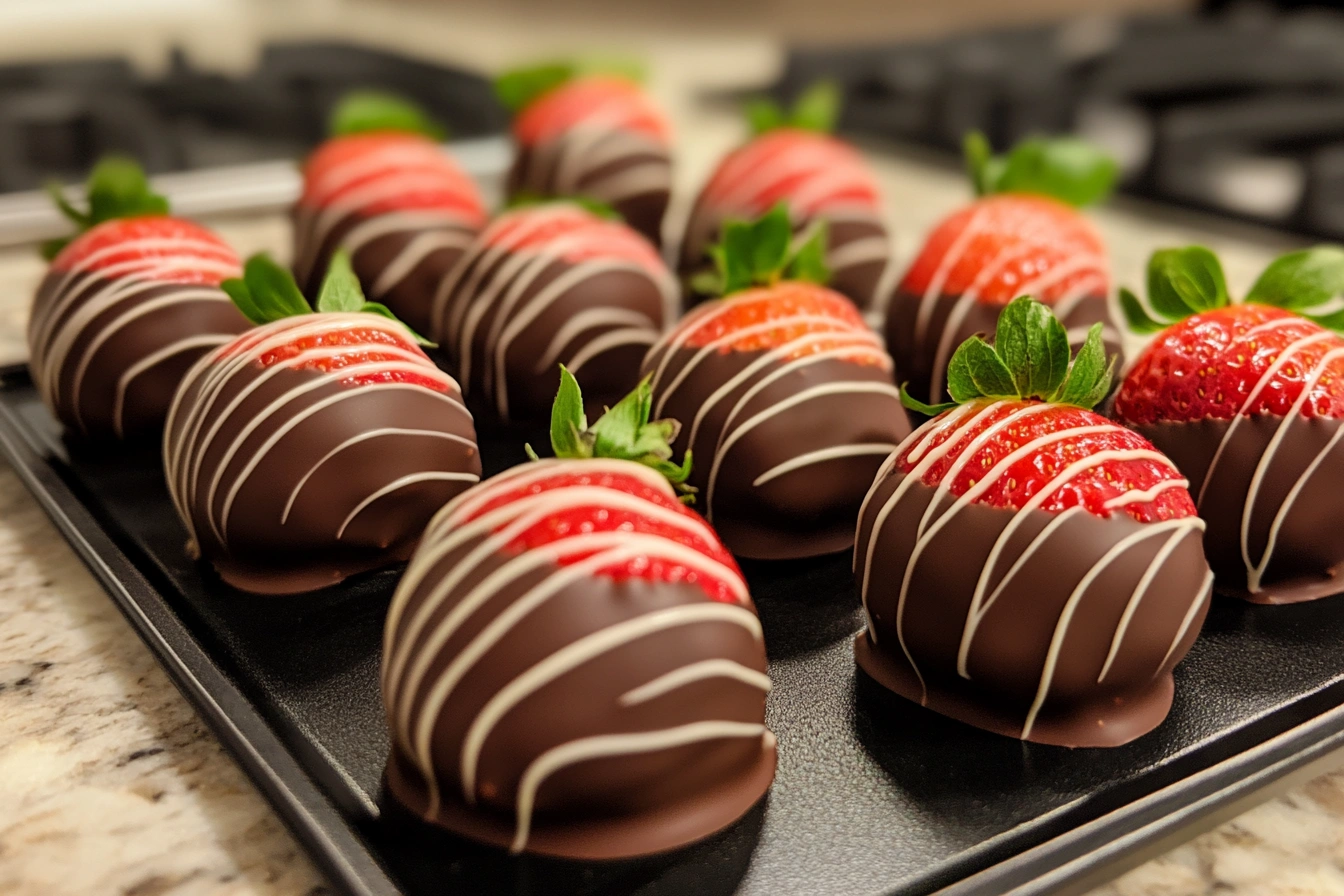 Fresh chocolate covered fruit assortment on a plate.