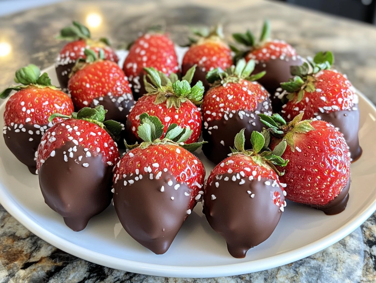 Melted chocolate stick to fruit, showing a strawberry dipped in dark chocolate.