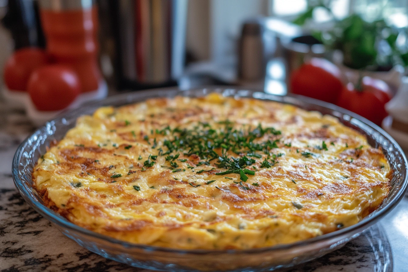 A close up of a delicious and healthy cottage cheese omelette on a plate.