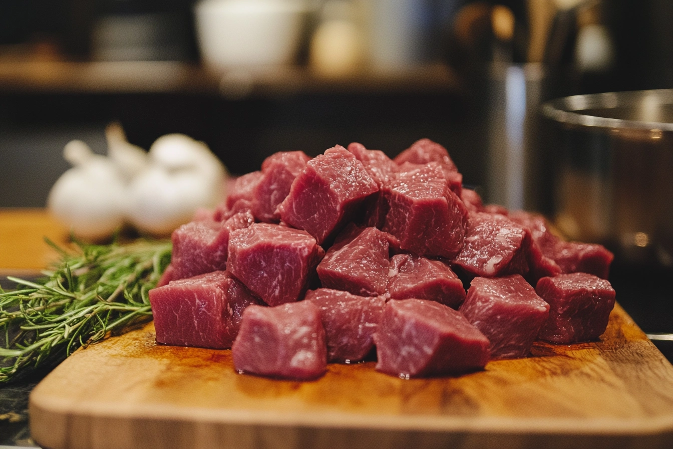 Diced beef being prepared for a stew on a cutting board.