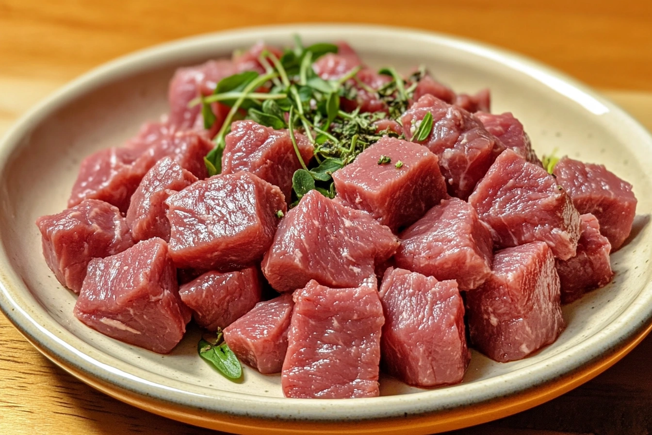 Perfectly tender diced beef simmering in a rich sauce.