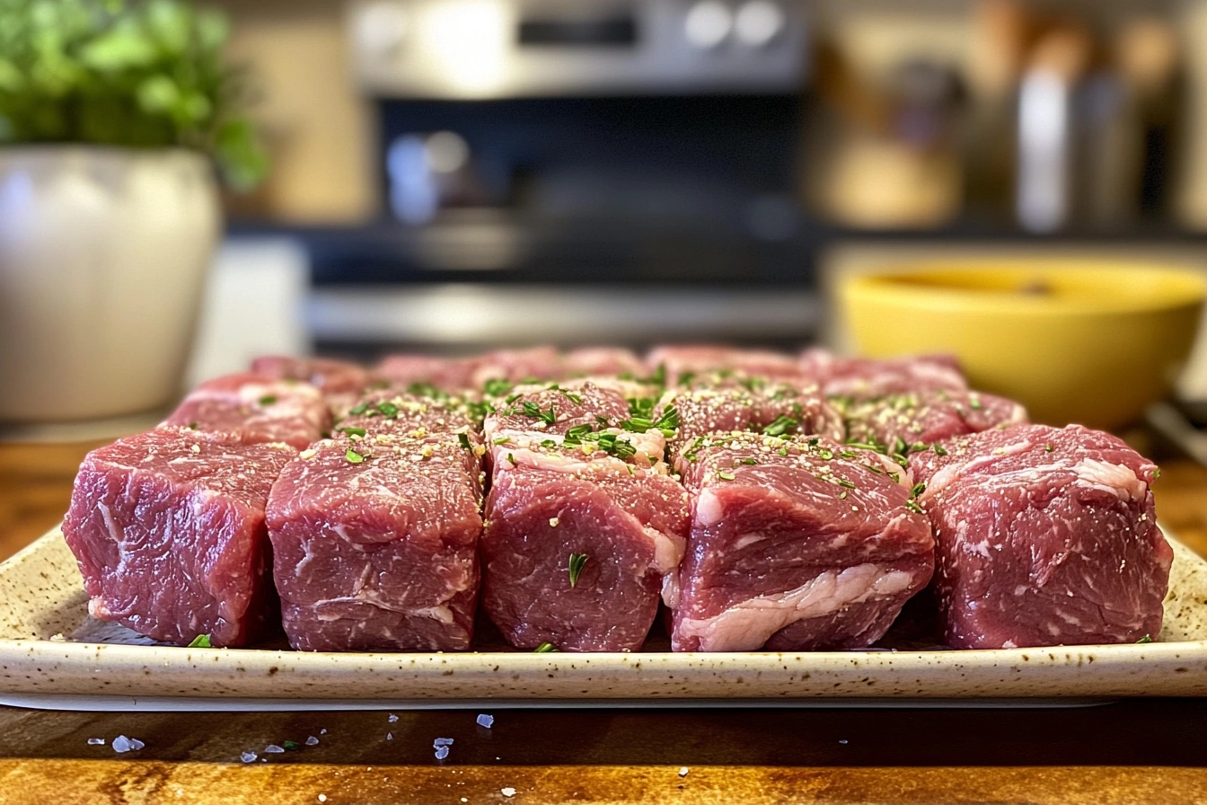 Deliciously cooked diced beef ready to eat.