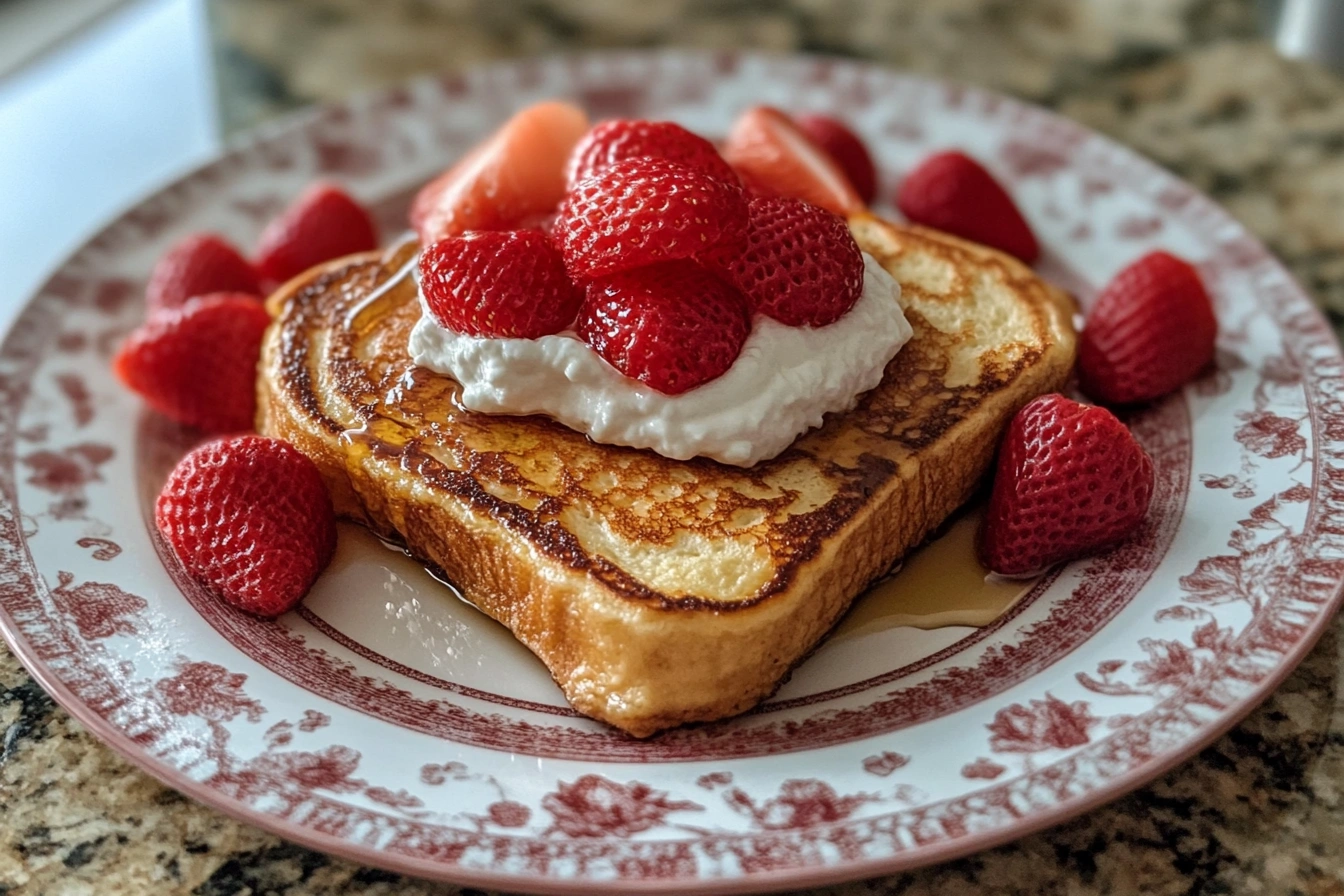 Golden brown French toast pancakes stacked high with syrup.