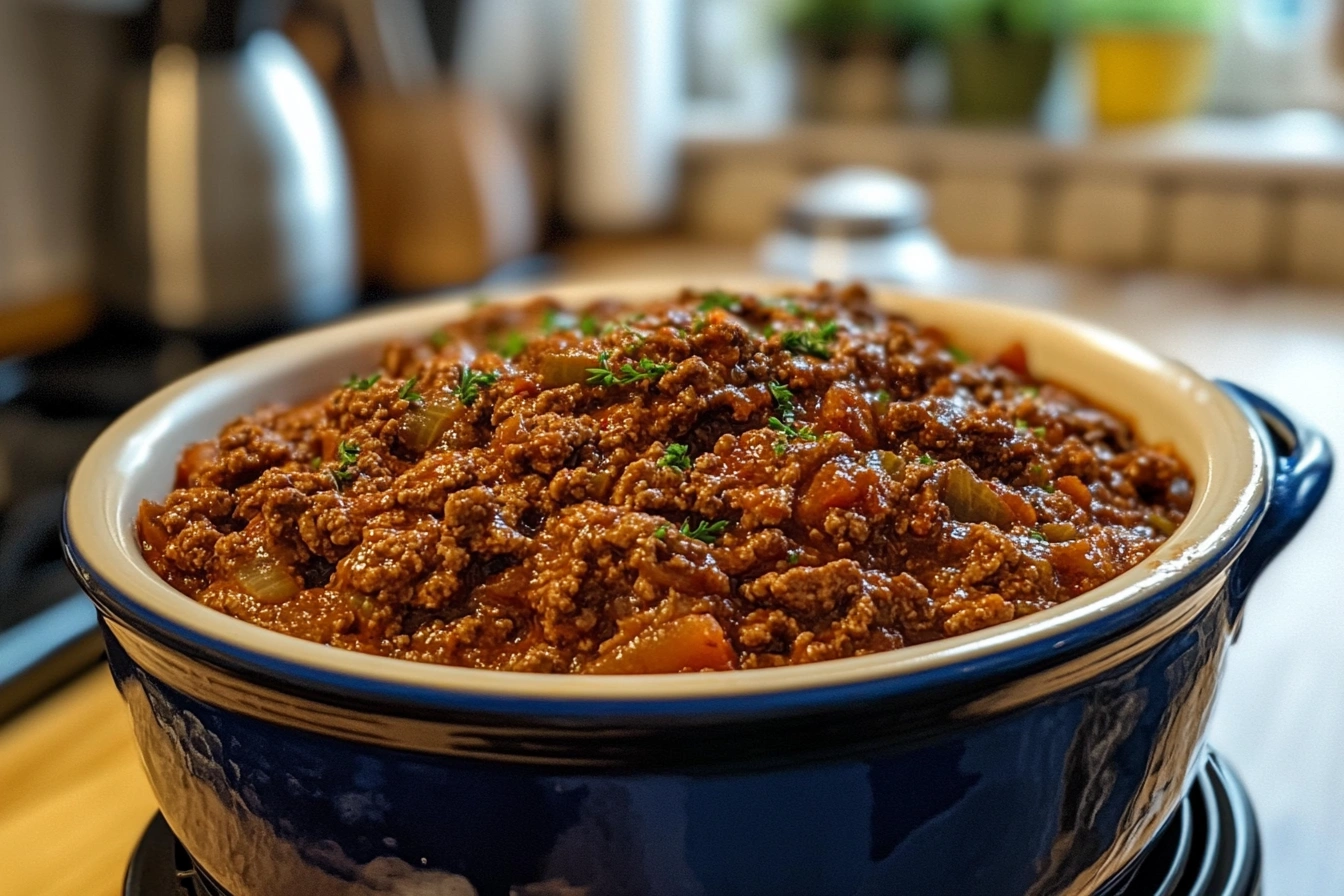 Raw ground beef being added to a slow cooker.