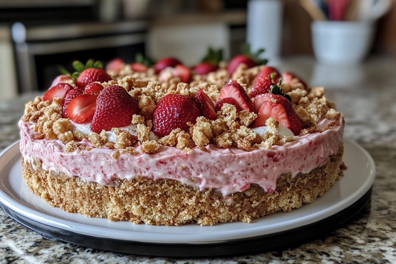 A close-up of a bowl with homemade strawberry crunch topping.