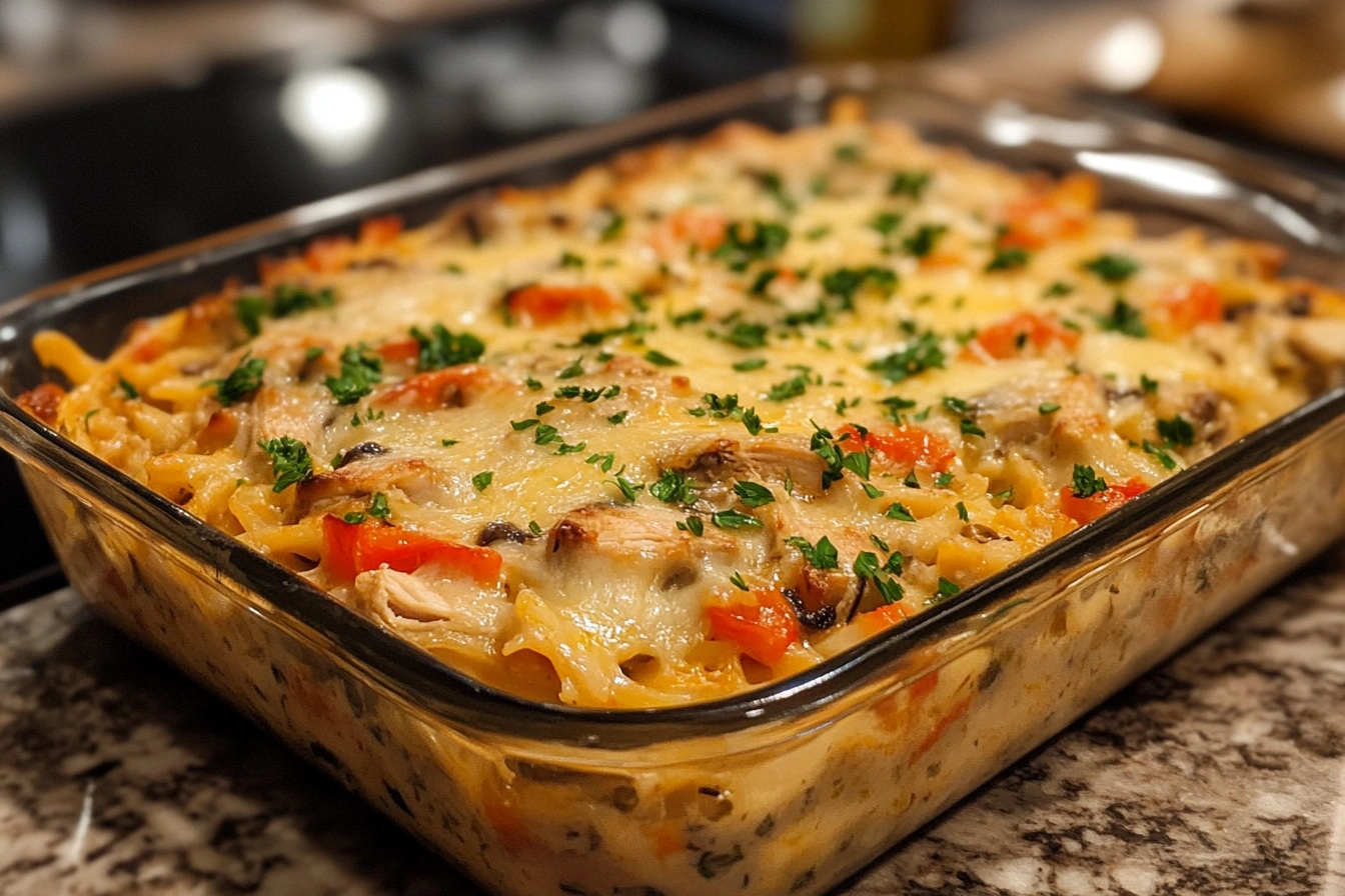 Creamy Chicken Tetrazzini Sauce being poured over pasta.