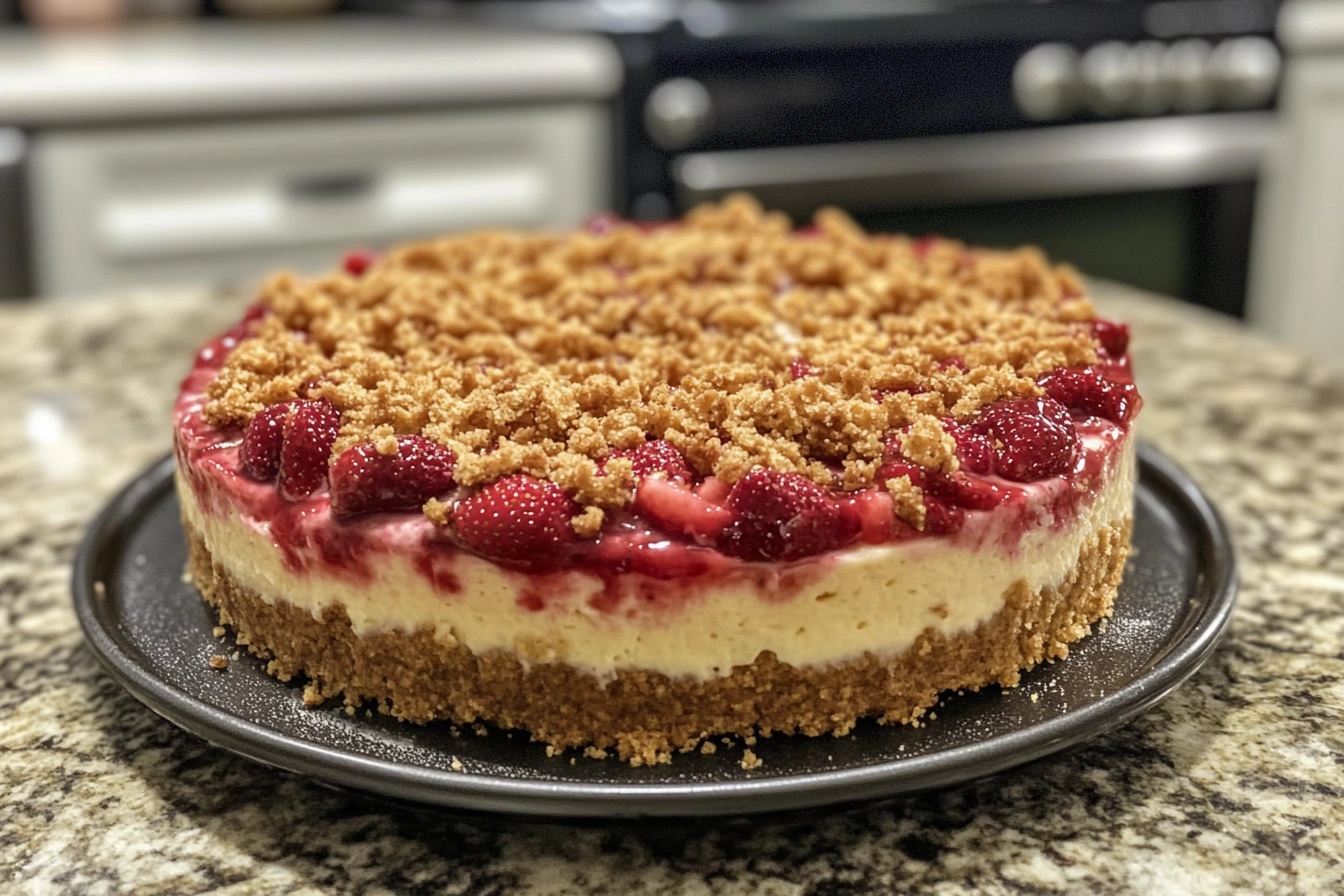 Close up of strawberry cheesecake ice cream with strawberries and graham cracker pieces